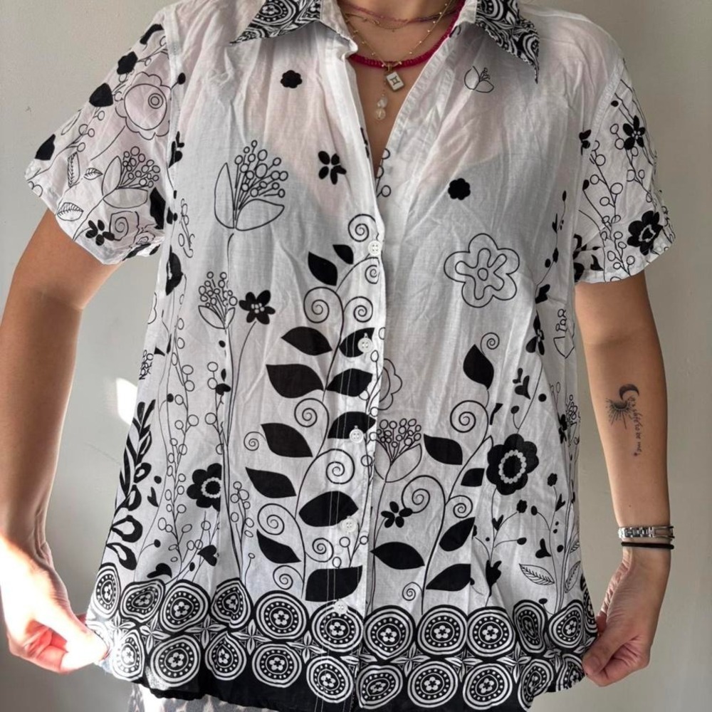 Vintage Cotton Retro Floral Sheer White and Black Button Down Top - Size Large